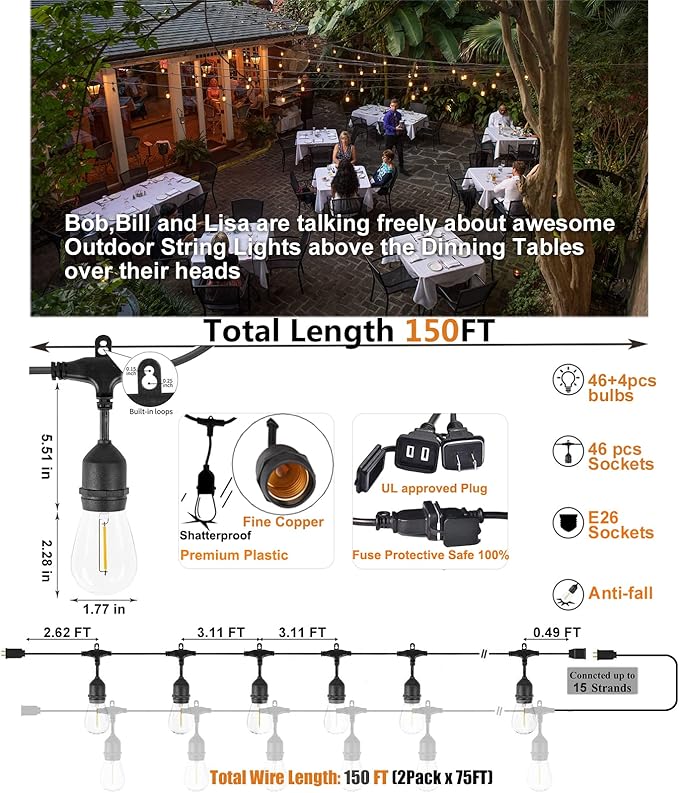 Achin Outdoor String Lights 150 Feet LED Waterproof Patio Lights with 50 Shatterproof Dimmable Warm Edison Bulbs String Lights for Outdoor Gazebo Bistro Wedding Birthday Party Lights, Connectable-VerdiqueGarden
