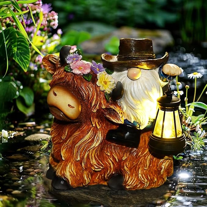 Solar Highland Cow Gnome Garden Decorative Statue - Detachable Lantern - Outdoor Fun Decoration, Suitable for Patio, Back Porch, Table Ornaments, Unique Housewarming, Birthday Gifts for Women, Mom-VerdiqueGarden