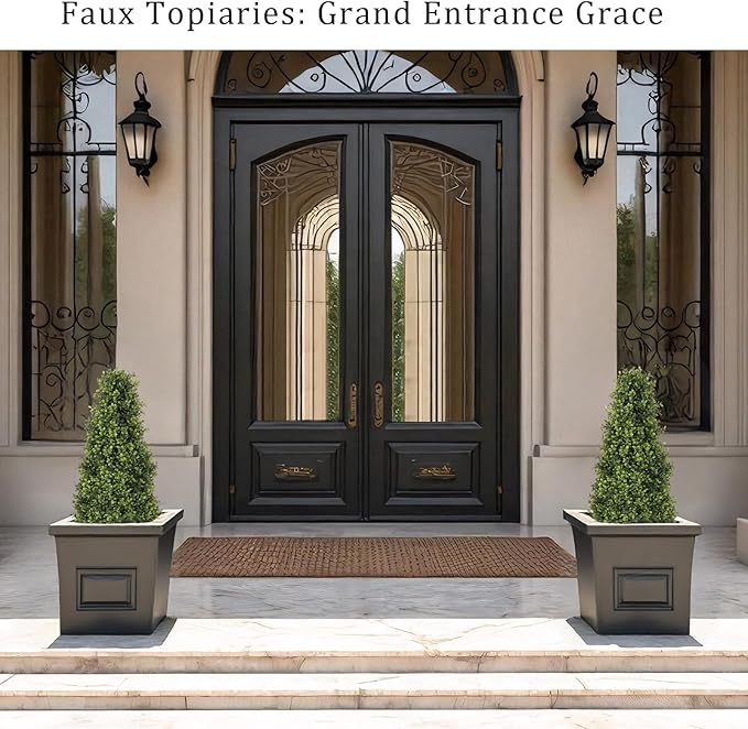 3ft Artificial Boxwood Topiary Trees (Set of 2) - UV Resistant Faux Plants Outdoor, Realistic 36" Fake Cone Bushes and Shrubs for Front Porch, Planter, Patio - Low Maintenance & Evergreen-VerdiqueGarden