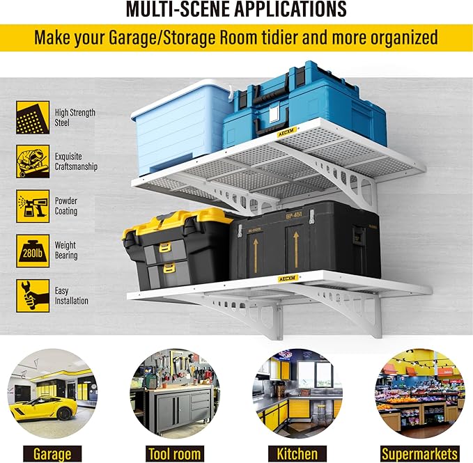 2-Pack 2x3ft Adjustable Garage Wall Shelving 560lbs Load Capacity Heavy Duty Wall Mounted Storage Shelf Metal Floating Shelves for Garage(White)-VerdiqueGarden