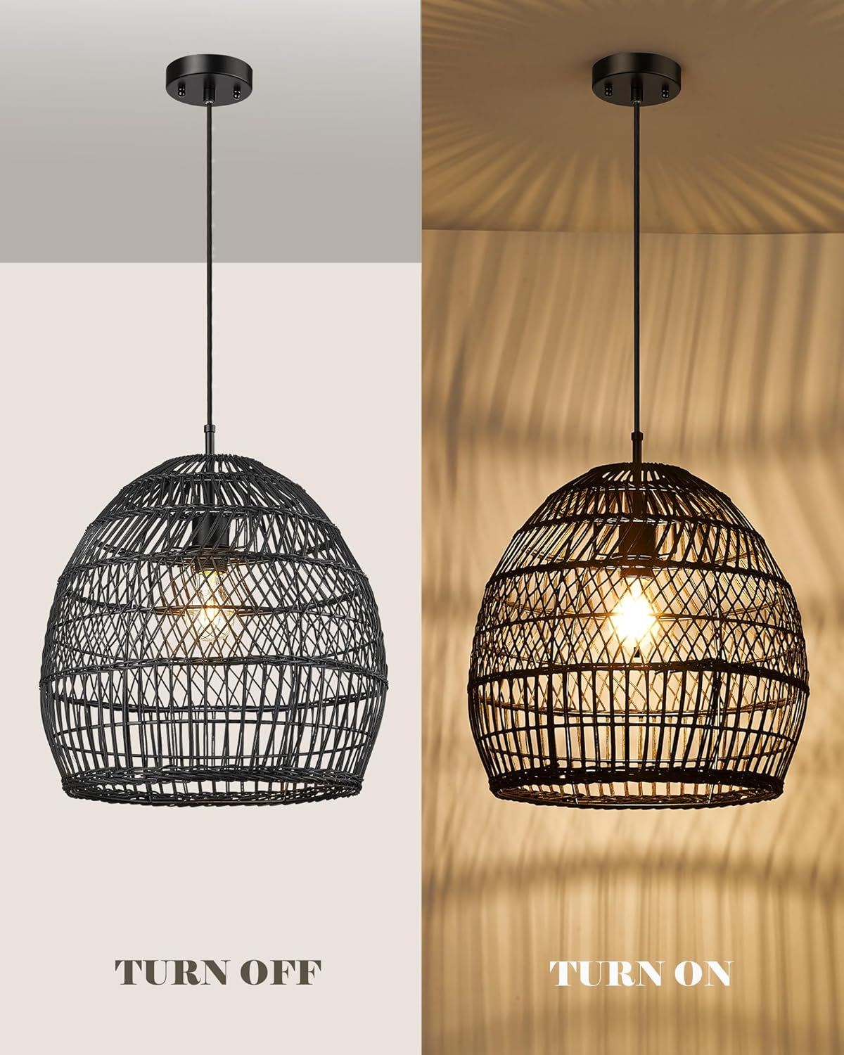 ELYONA 16” Large Rattan Pendant Light, Modern Black Wicker Chandelier, Hand Woven Boho Basket Hanging Light Fixtures for Farmhouse Dining Room Kitchen Island Living Room Bedroom Foyer (40cm*40cm)-VerdiqueGarden
