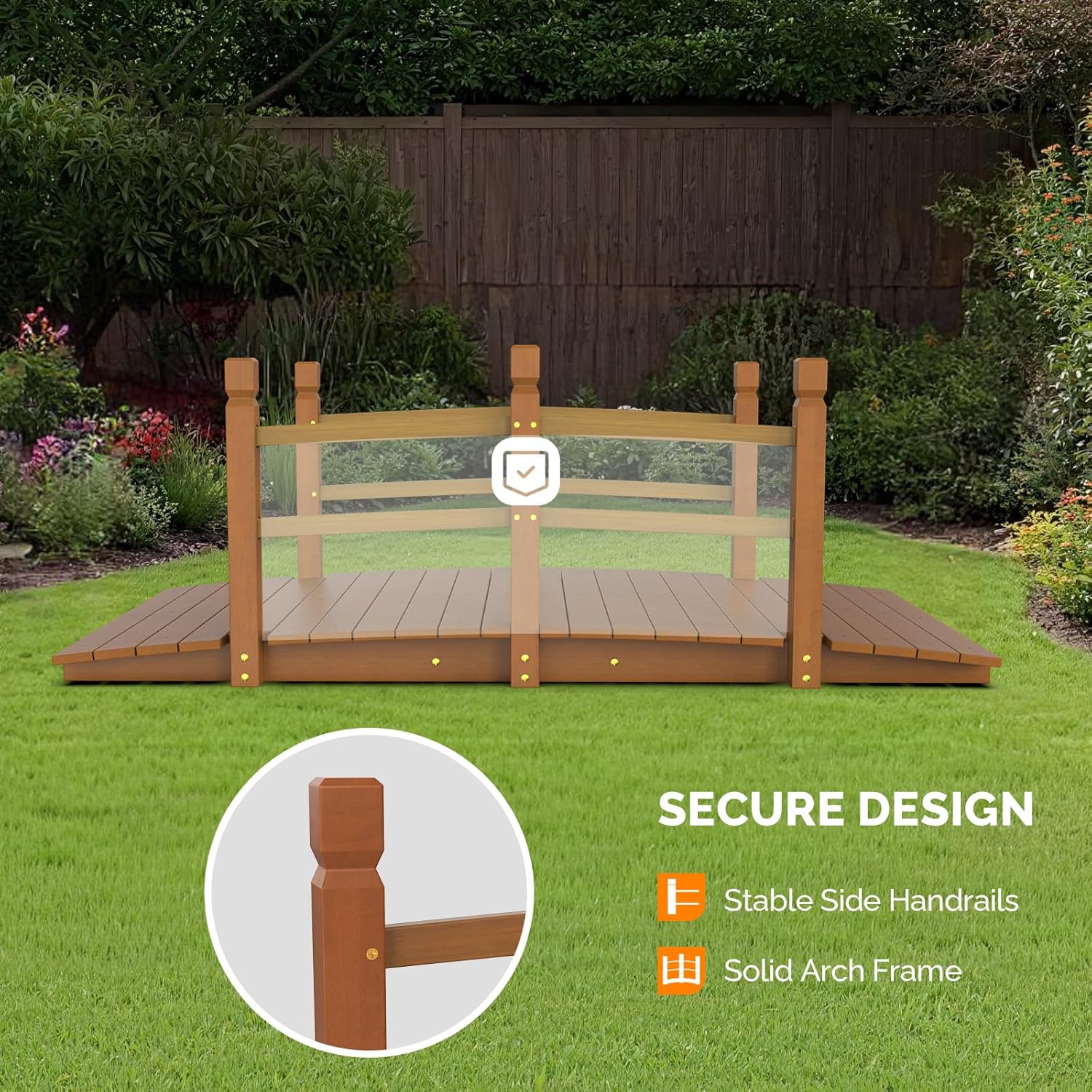 VINGLI Garden Bridge, Classic Wooden Arch with Safety Rails Footbridge (Brown, 5 ft)-VerdiqueGarden
