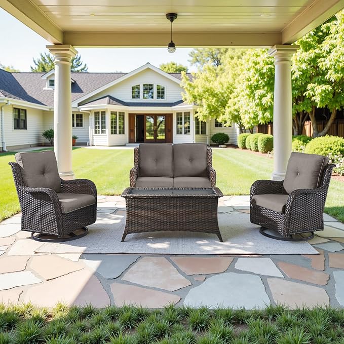4 Piece Patio Furniture Set - Outdoor Glider Bench with Swivel Rocker Chairs and Coffee Table, High Back Small Outdoor Conversation Furniture Sets for Deck Sunroom Balcony Backyard-VerdiqueGarden