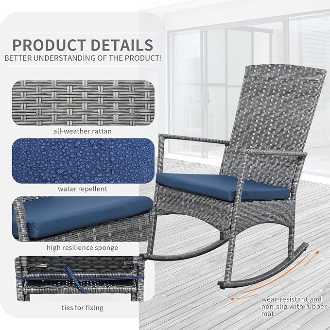 Rocking Chair Outdoor 3 Pieces High-Backed Patio Rocking Chairs Bistro Table and Chairs Set of 2, Navy Blue-VerdiqueGarden