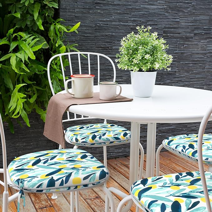 Indoor/Outdoor Chair Cushions 16x17 Inch, Patio Chair Cushions with Ties, All Weather Seat Cushions for Patio Furniture Home Garden Chair Use, Set of 4, Leaves Multi-VerdiqueGarden