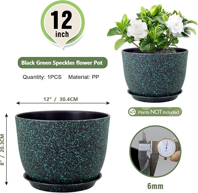 12 inch Large Plant Pots, Plastic Planters with Drainage Holes and Saucers, Flower Pots for Indoor Outdoor Plants, Decorative Pots for Garden House Plants, Black with Green Speckles-VerdiqueGarden
