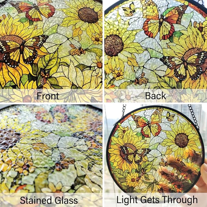 Sunflower Decor Suncatcher Stained Glass Window Hanging - Butterfly Stained Glass Suncatchers for Windows - Sun Catchers Indoor Window with Chain and Hook - Sunflower Gifts for Women Mom Teacher Gift-VerdiqueGarden