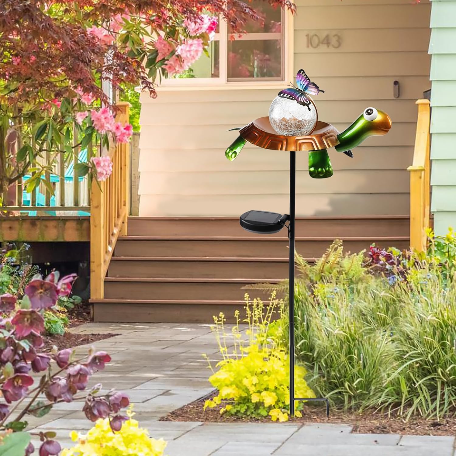 Afirst Solar Lights Outdoor Decorative Metal Turtle Crackle Glass Globe with Butterfly Warm White LED Metal Waterproof Garden Stake Lights for Walkway Pathway Lawn Patio Yard Decorations-VerdiqueGarden