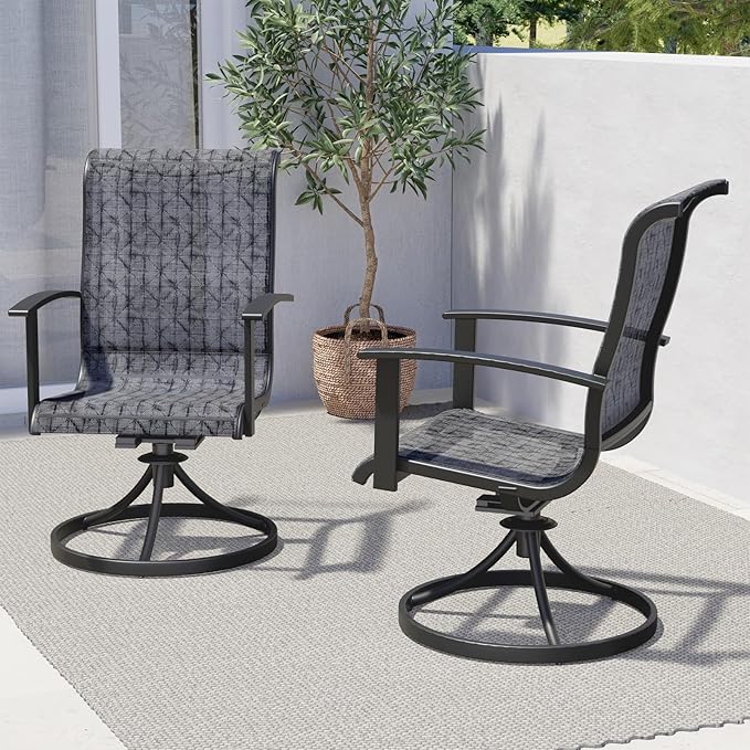 Grand patio Outdoor Swivel Dining Chairs Set of 2, 360 Degree Mesh Sling Rocker Sets for Deck, Garden Backyard, Black & Grey Plaid-VerdiqueGarden