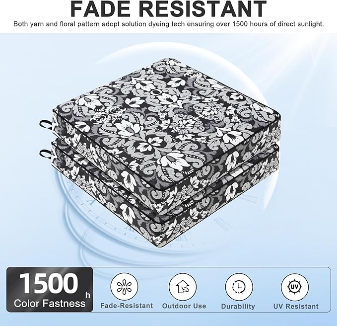 Favoyard Outdoor Chair Cushion 24 x 24 x 4 In Waterproof Pattern Fade Resistant Cushions for Patio Furniture with Removable Cover Attach Straps 28D Foam Insert Cushions Pads for Seat Sofa Couch 2 Pack-VerdiqueGarden