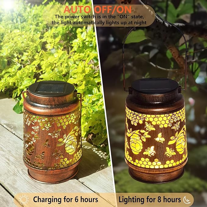 Solar Lanterns Outdoor Hanging Honeybee Decor Lantern,Waterproof Hollow Out Retro Metal Decorative Garden Light,Graceful Decoration for Patio,Yard,Landscape,Walkway,Festival-VerdiqueGarden