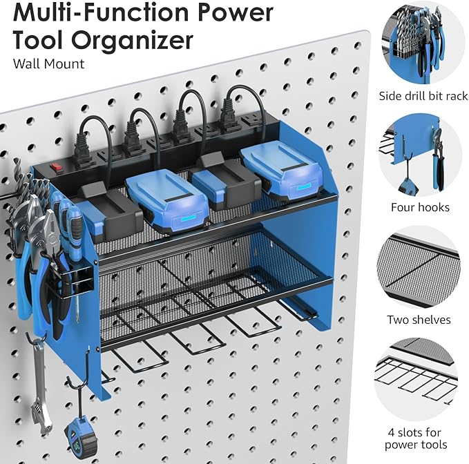 CCCEI Set Power Tool Organizer Wall Mount with Charging Station. Garage 4 Drill Storage Shelf with Hooks, Heavy Duty Metal Tool Battery Charger Organizer. Shop Utility Rack with Power Strip Blue.-VerdiqueGarden