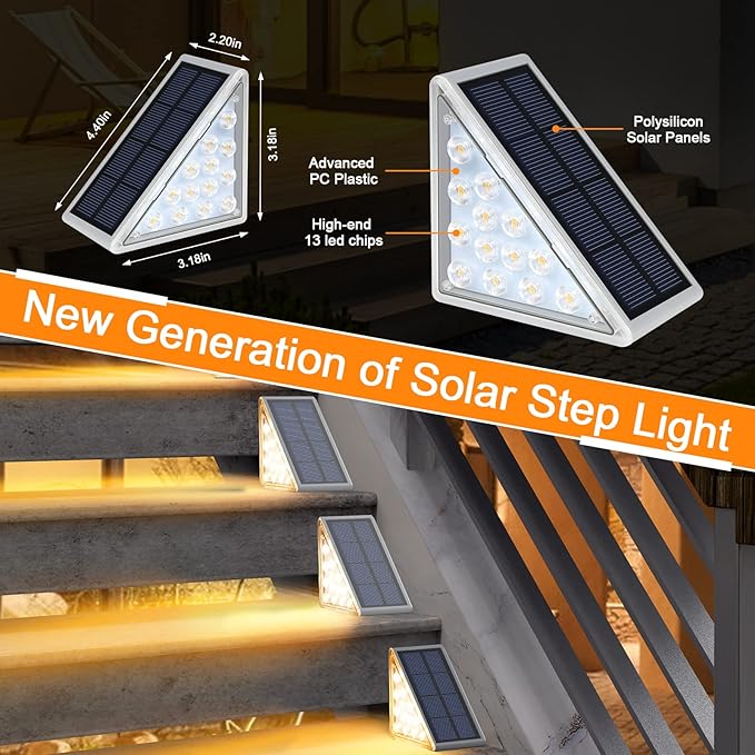 LED Solar Step Lights Waterproof Outdoor Stair Lights, Warm White Solar Deck Lights IP67 Solar Decoration Lights for Yard, Patio, Garden, Walkways, Front Door, Pathway, Driveway, Porch 2PK-VerdiqueGarden
