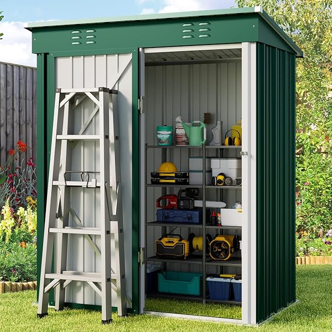 Gizoon 5' x 3'Outdoor Storage Shed with Singe Lockable Door,Galvanized Metal Shed with Air Vent Suitable for The Garden,Tiny House Storage Sheds Outdoor for Backyard Patio Lawn-Green-VerdiqueGarden