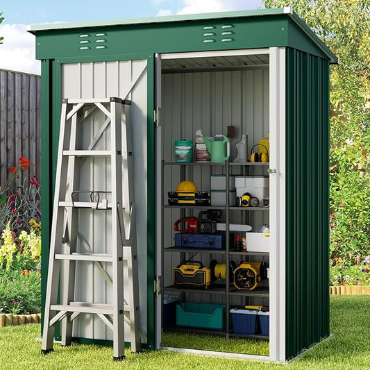 Gizoon 5' x 3'Outdoor Storage Shed with Singe Lockable Door,Galvanized Metal Shed with Air Vent Suitable for The Garden,Tiny House Storage Sheds Outdoor for Backyard Patio Lawn-Green-VerdiqueGarden