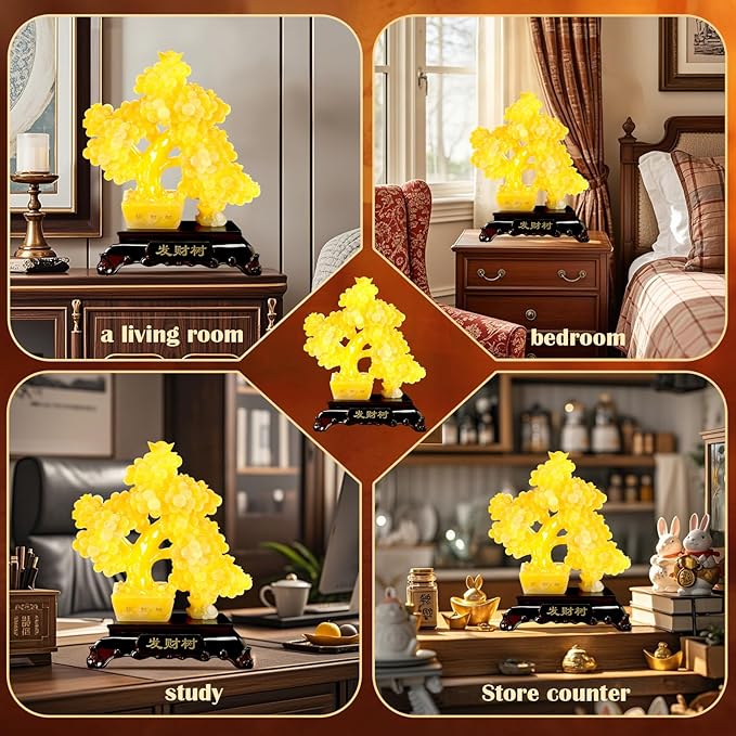 FENGSHUI-CAISHEN Top Resin Money Tree, Artificial Bonsai Tree, Handcrafted, Premium Quality, Feng Shui Gift for Abundance Luck and Success (Yellow)-VerdiqueGarden