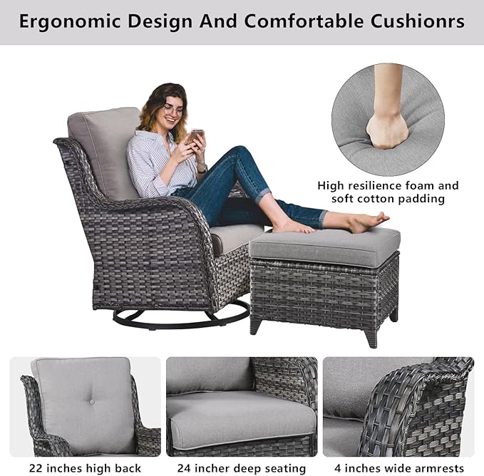 Wicker Patio Furniture Sets - 8 Piece Outdoor Rattan Furniture Conversation Sets with 4 Swivel Rocker Chairs, Rattan Sofa, Wicker Ottomans and Coffee Table, Mixed Grey/Grey-VerdiqueGarden