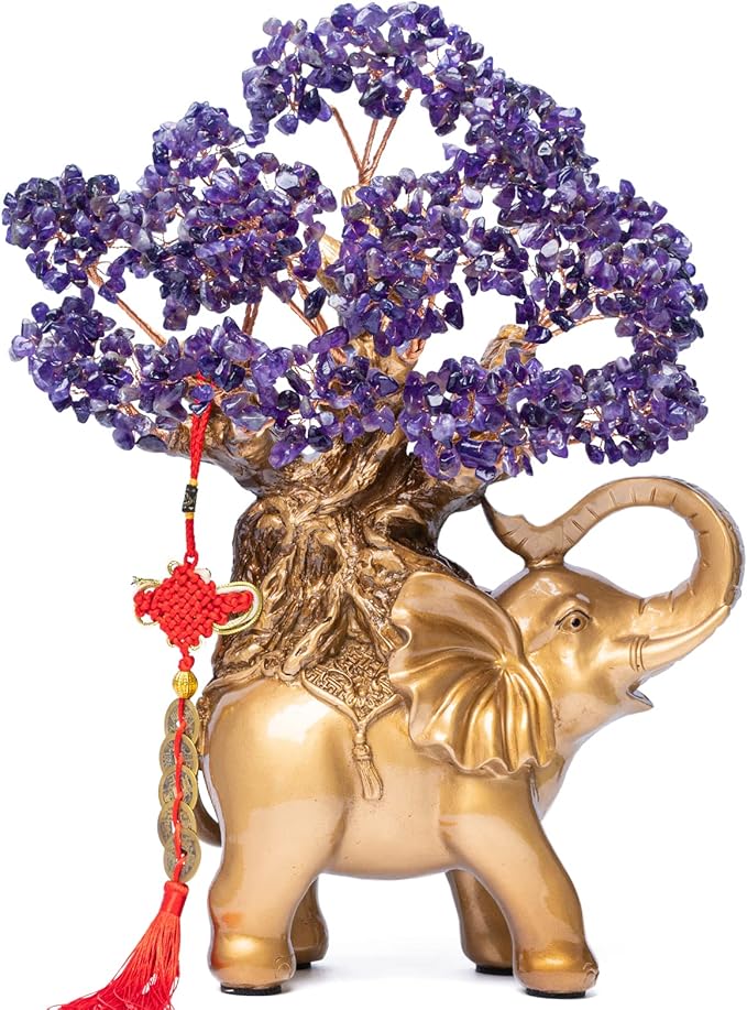 Amethyst Crystal Money Tree on Gold Elephant Statue, 17”Large Gemstone Bonsai Tree of Life Home Décor Gifts for Wealth Positive Energy, Feng Shui Décor-VerdiqueGarden