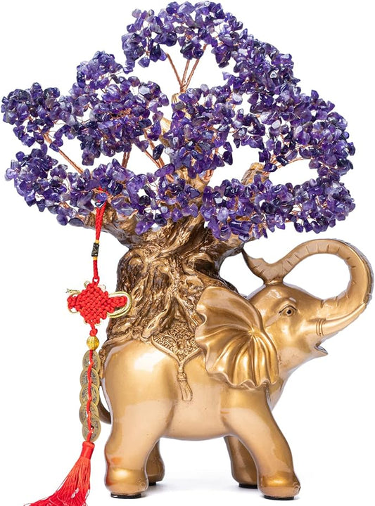 Amethyst Crystal Money Tree on Gold Elephant Statue, 17”Large Gemstone Bonsai Tree of Life Home Décor Gifts for Wealth Positive Energy, Feng Shui Décor-VerdiqueGarden
