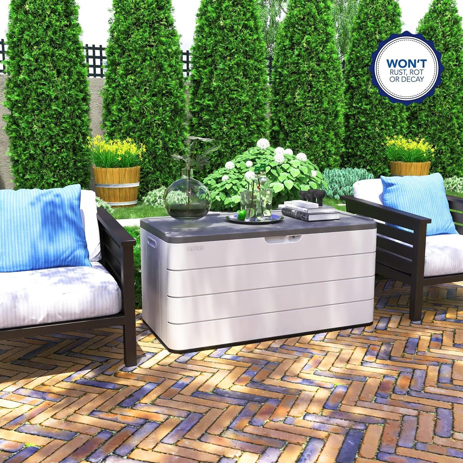 100 GAL Resin Deck Box - Lockable Waterproof Outdoor Storage Bench for Patio Cushions, Garden Tools & Pool Accessories - Wood-Look Texture, White-VerdiqueGarden