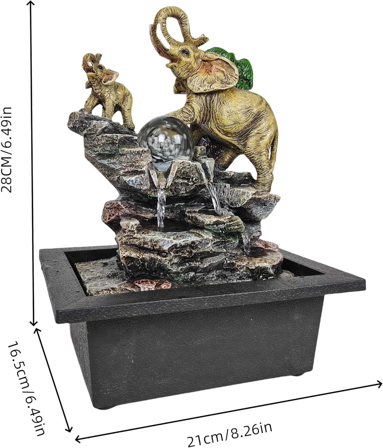 Decorative Elephant Cascade Tabletop Fountain with LED Globe, 3-Tier Design, A Quiet and Soothing Indoor Desktop Fountain-VerdiqueGarden