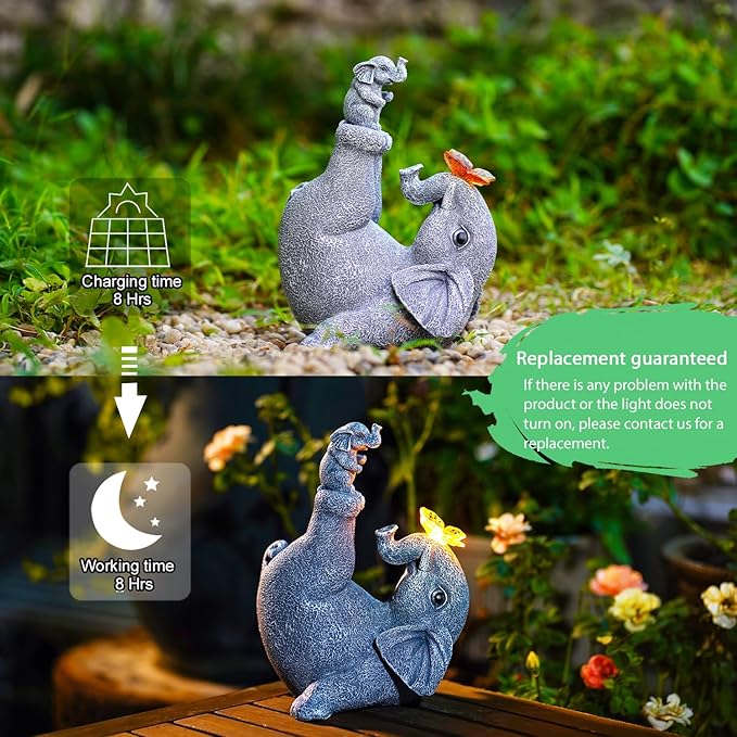 Mommy & Baby Elephant Garden Statue with Solar Butterfly Lights - Perfect Elephant Decor & Ornament for Women, Housewarming Gifts and as Garden Decorations-VerdiqueGarden