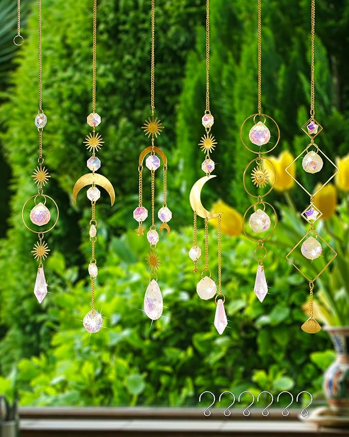 6 Pack Crystal Suncatcher,Hanging Sun Catchers with Crystals, Colorful Crystals Suncatchers Rainbow Prisms for Windows Christmas Tree Home Wedding Party Car Indoor Outdoor Garden Decor-VerdiqueGarden