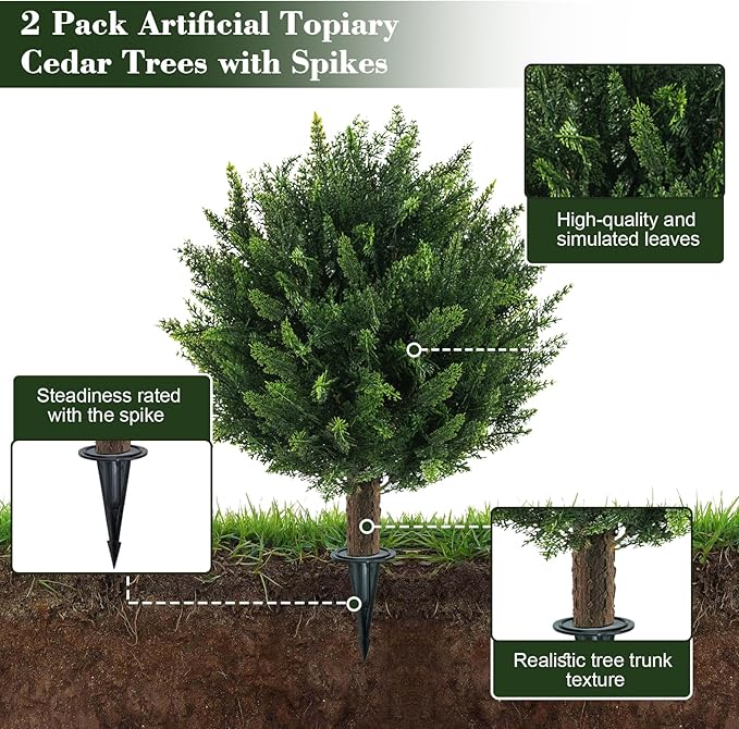 21" Artificial Cypress Topiary Outdoor Plants with Spike, 2 Pack Faux Cedar Bushes UV Resistant Fake Shrubs for Front Porch Décor-VerdiqueGarden