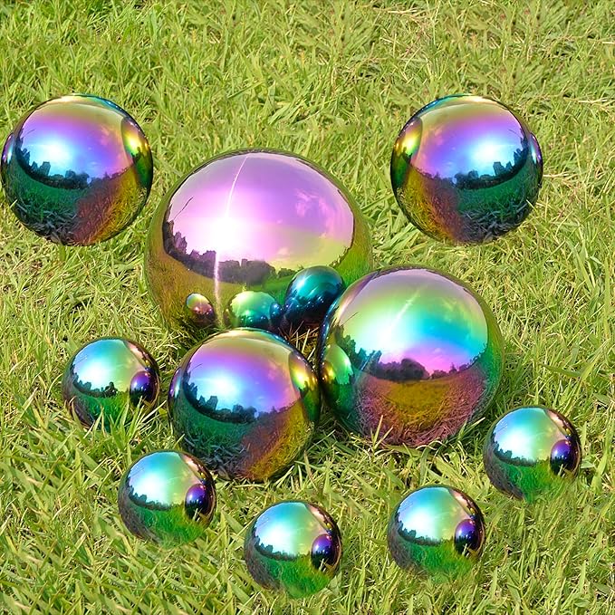 Nerien Gazing Ball, Stainless Steel Garden Mirror Globe, Polished Ornament Sphere, Hollow Floating Reflective Hemisphere, for Home Outdoor Pond Housewarming Swimming Pool Decoration, Rainbow, 8Pcs-VerdiqueGarden