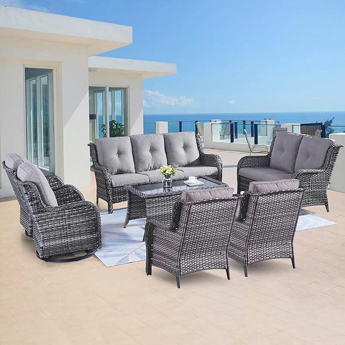 Outdoor Wicker Furniture Patio Set - 7 Piece Backyard Furniture Grey Rattan Conversation Sets with Swivel Rocker Chairs, Rattan Sofa, Club Chairs and Coffee Table, Grey Cushion-VerdiqueGarden