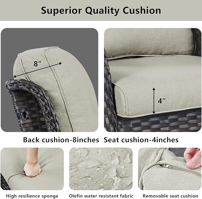 Wicker Outdoor Furniture Patio Furniture Set - 6 Piece Patio Conversation Set with Swivel Rocker Chairs, Loveseat Sofa, Ottomans and Coffee Table, Beige Cushion-VerdiqueGarden