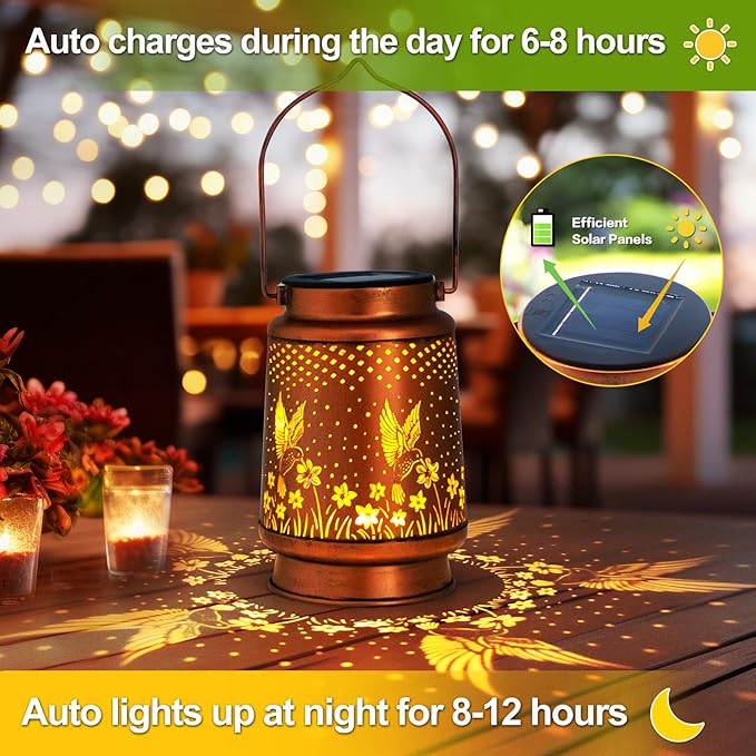 4 Packs Solar Lanterns Outdoor Hanging Lantern Lights, 4 Hummingbirds Hollowed-Out Metal Decor Lantern, Waterproof LED Decorative Garden Light Gifts-VerdiqueGarden