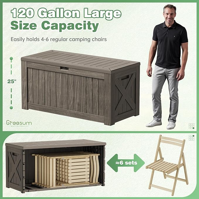 Greesum 120 Gallon Outdoor Storage Box with Lock - Large Resin Deck Box, Reinforced Lid for Garden, Patio, Lawn, Coffee-VerdiqueGarden