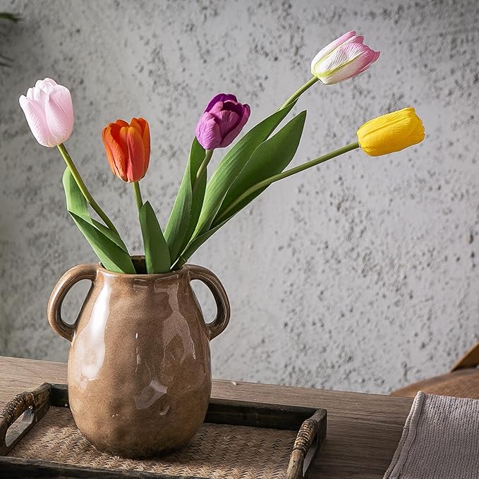 Kimdio Brown Ceramic Vase with 2 Handles, Modern Farmhouse Vase for Home Decor, Vintage Rustic Pottery Vase, Decorative Terracotta Vase, Clay Jug for Living Room Dining Table Shelf-VerdiqueGarden