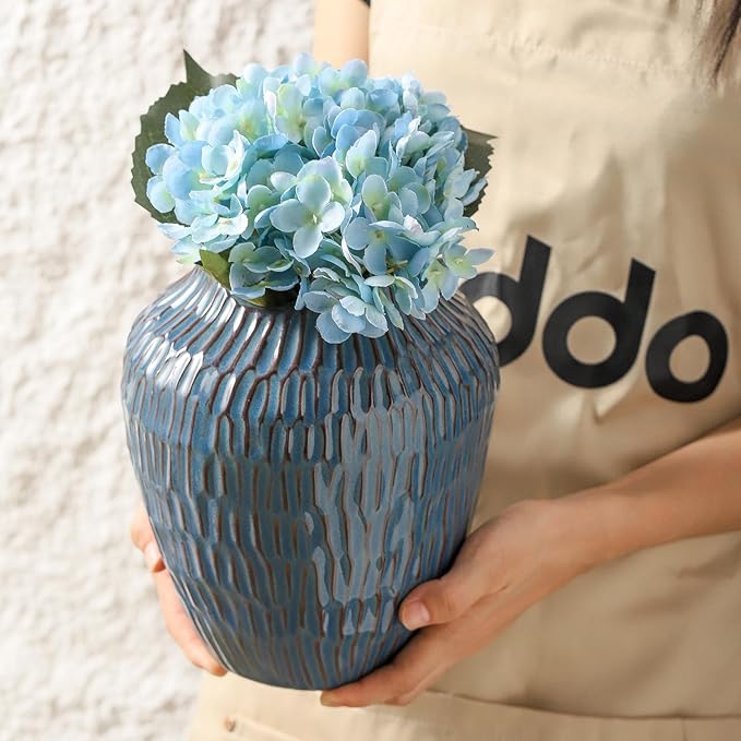 Blue Ceramic Vase for Home Decor,7.8 Inch Flower Vases，Decorative Vase for Pampas Grass，Modern Art Texture Vases for Home Entryway Living Room Dining Table Farmhouse Office Decor- Blue-VerdiqueGarden