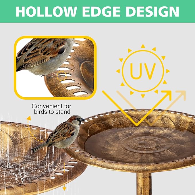 Bird Bath for Outside with 4 Removable Flower Planters 28in Polyresin Lightweight Vintage Birdbath for Outdoors Stake Standing Bowl and Water Feeder Yard Garden Decor Bronze-VerdiqueGarden