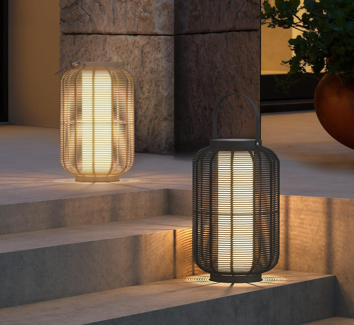 Solar Yard 2-Pack Outdoor Solar Lantern Lamp, Water-Resistant Boho Lights for Outside Hanging Lantern Table Lights Decoration for Garden, Patio, Porch, Trees, Pathway, Black and Natural-VerdiqueGarden