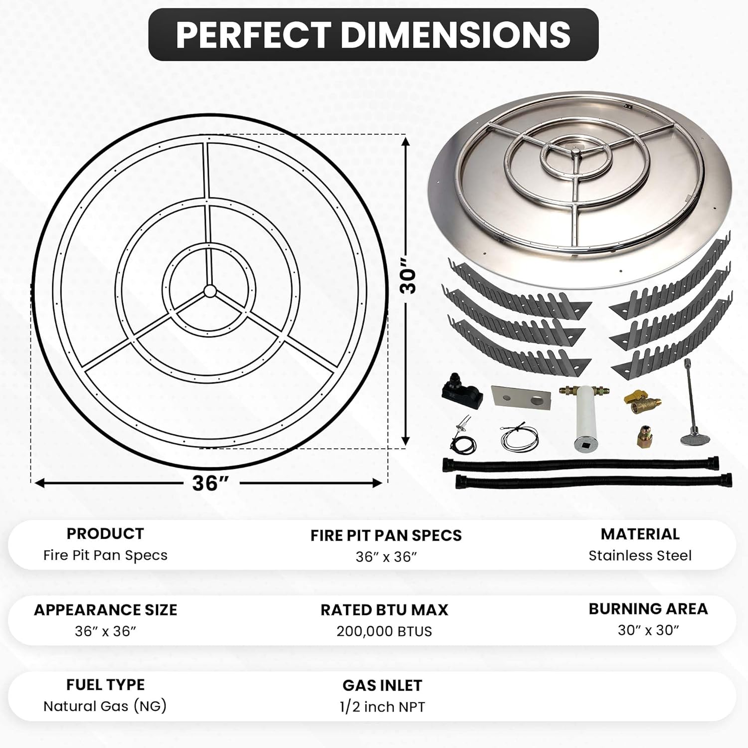 Stainless Steel Fire Pit Burner Pan & Ring Pro Kit for Natural Gas, 36-Inch Pan, 30-Inch Ring, 200,000 BTU Max-VerdiqueGarden