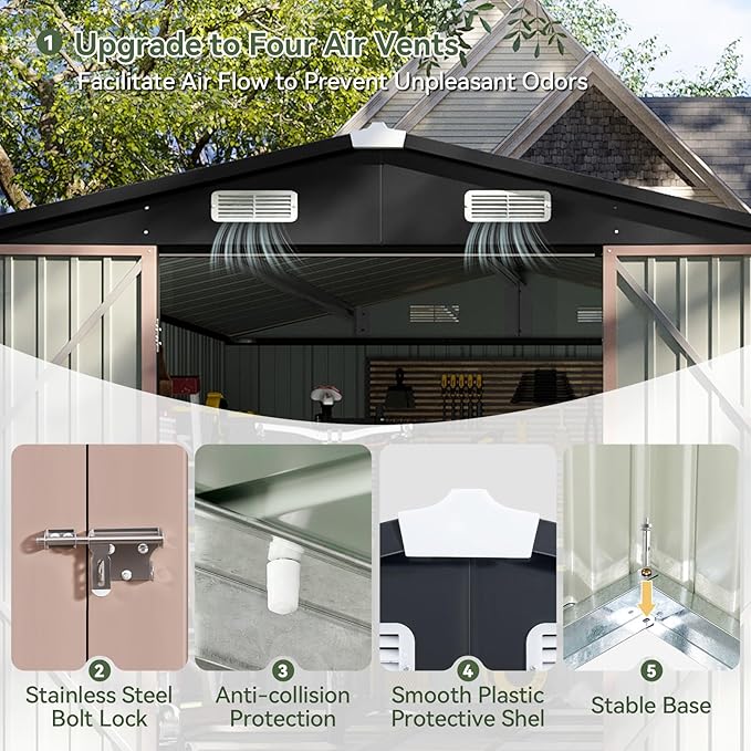 Aoxun 12x7.5 FT Shed Outdoor Storage Shed with Spacious Door Large Sheds with Double Lockable Door Galvanized Metal Shed for Garbage Can, Bike, Mower, Brown-VerdiqueGarden