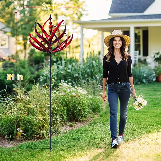 LimeHill Wind Spinner for Garden and Yard - Large Metal Kinetic Wind Sculptures for Outdoor Decor (91 Inches, Burgundy Lotus)-VerdiqueGarden