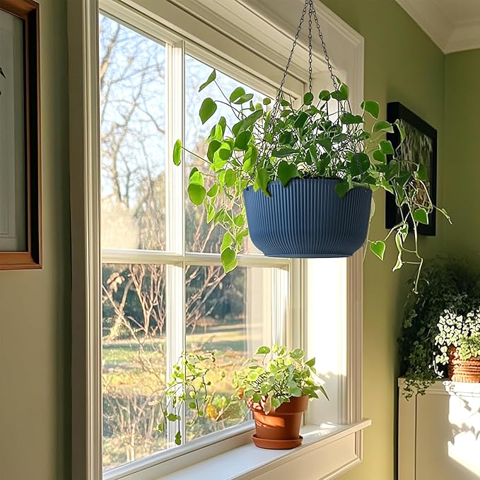 T4U 12 Inch Large Hanging Planters for Outdoor Plants, 2 Pack Self Watering Hanging Pots Indoor, Hanging Baskets for Plants,Hanging Flower Pot with Drainage Hole and Plant Hanger, Blue-VerdiqueGarden
