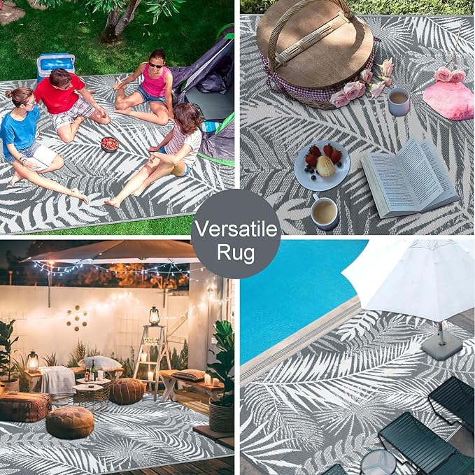 HiiARug Outdoor Reversible Plastic Straw Rug, 9'x12', Cool Gray, Large Patio Mat for RV, Backyard, Deck, Picnic, Beach, Trailer, Camping-VerdiqueGarden