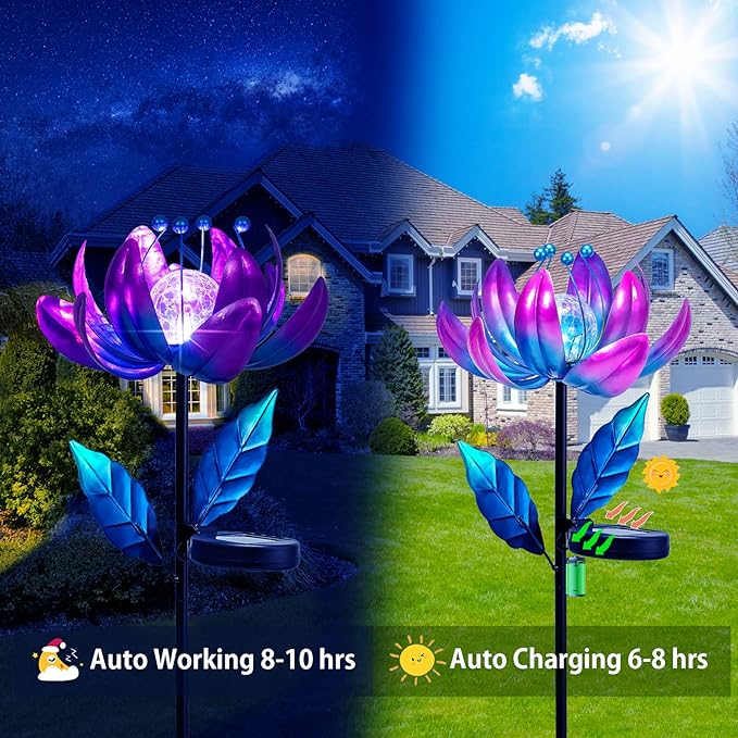 Solar Purple Metal Flower Wind Spinners, Colorful Spinning Windmill Lotus Yard Art Lights Wind Pinwheels with LED Crystal Ball Decorative Stake Lighting Flower Sculpture-VerdiqueGarden