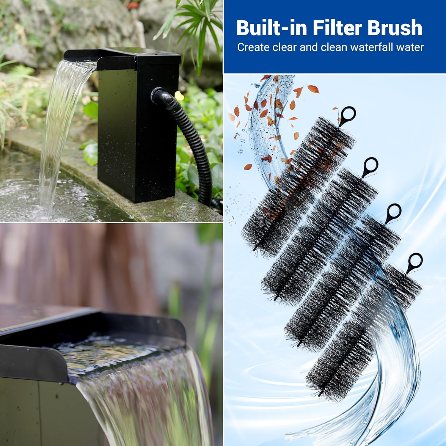 NFESOLAR Pond Waterfall Spillway with Pump Kit, Large 11.8" W 13.4" H Capacity Stainless Pond Waterfall Box with Filtration, LED Lights for Garden Outdoor Pond up to 2000 Gallons N4313-VerdiqueGarden