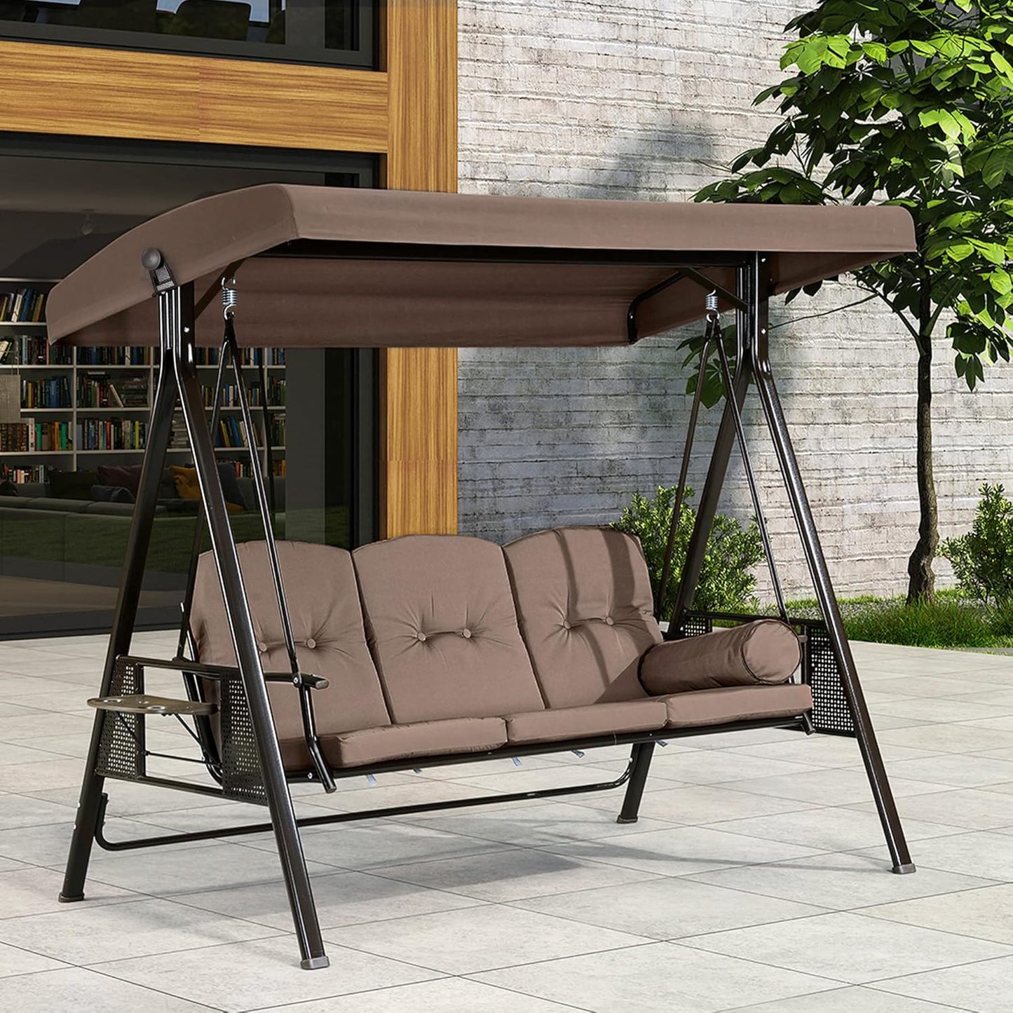 PURPLE LEAF 3-Seat Deluxe Outdoor Patio Porch Swing with Weather Resistant Steel Frame, Adjustable Tilt Canopy, Cushions and Pillow Included, Beige-VerdiqueGarden