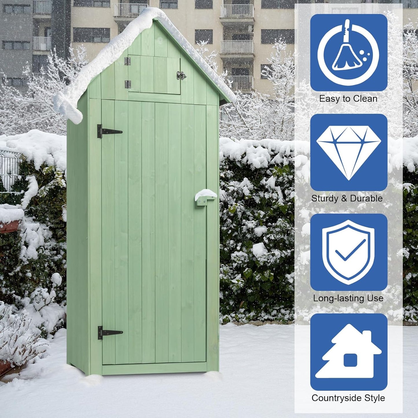 Outvita Outdoor Storage Cabinet, 70in Wooden Vertical Garden Tools Shed, Patio Storage Organizer with Latch & Waterproof Roof for Yard Deck Lawn Farmland Equipment(Green)-VerdiqueGarden