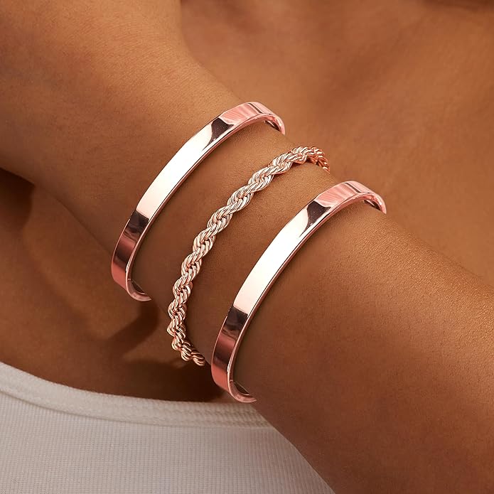 Gold Bracelets Set for Women Non Tarnish, 14K Gold Plated Sterling Silver Chunky Cuff Bracelet Stackable Gold Bangles Bracelet for Women Trendy Fashion Accessories Tie Knot Cuban Rope Paperclip Beaded Bracelet Stack Jewelry Valentines Day Gifts