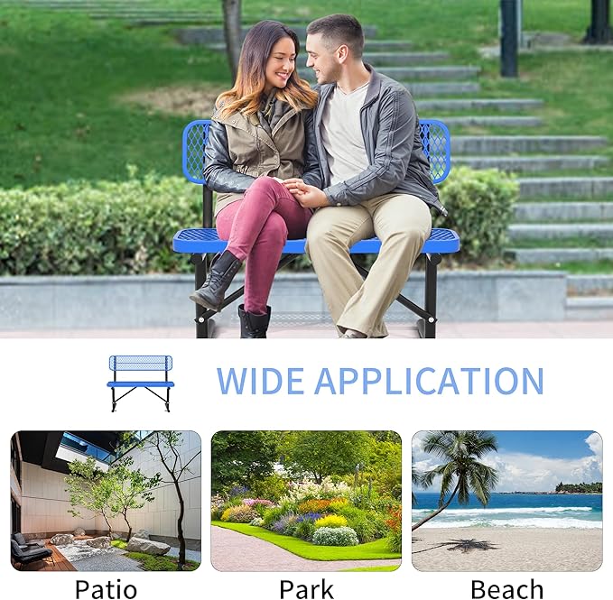 4/6/8 Feet Park Bench for Outside Heavy Duty Metal, Garden Benches Outdoor Bench with Backrest & Portable Frame, for Shopping Malls Stores Parks Patios Decks, Blue-VerdiqueGarden