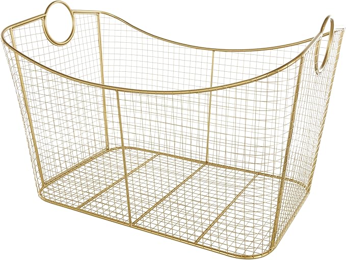 Deco 79 Metal Geometric Decorative and Functional Storage Basket Wire Grid Basket Organizer with Curved Edges Ring Handles, Basket for Storage 30" x 20" x 20", Gold-VerdiqueGarden
