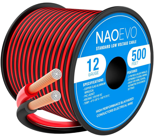 NAOEVO 12 Gauge Wire 500FT, 2 Conductors Electrical Wire Red Black Cable, Flexible/Low Voltage/PVC 12 AWG Copper Clad Aluminum Extension Cord for Speaker, LED Strips, Automotive 12V/24V DC-VerdiqueGarden